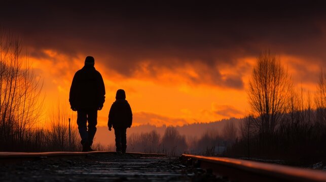 Father and child walking along railway tracks at sunset