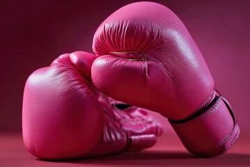 Two pink leather boxing gloves are placed against a matching pink background