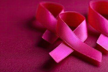 Two pink ribbons lay on a textured pink surface closeup