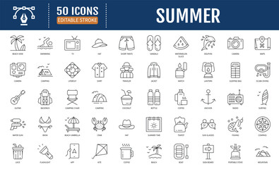 Summer icon set. Editable stroke. Vector illustration