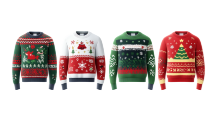 Pack Collection Four Festive Christmas Jumpers Designs for the Holiday Season set against transparent background