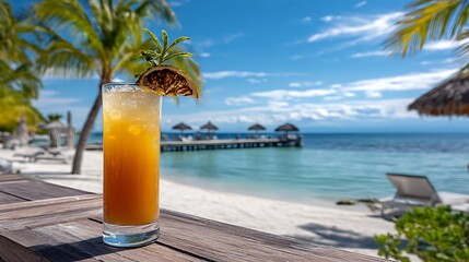 Obraz premium Refreshing Tropical Cocktail on Beach with Palm Trees and Blue Sea