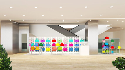 3d interior design of department store rendering selling colorful bags