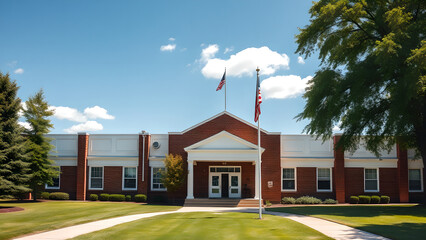 Front view of a classic school building on a bright sunny day, with a large red-brick façade
