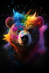 Colorful bear head exploding with vibrant paint splashes against a dark background