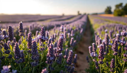 Naklejka premium Lavender field in bloom during sunset with vibrant purple flowers 
