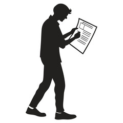 Silhouette of a man reading document while walking in black and white art