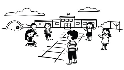 Illustration of children playing outside a school building with clouds in the background on a sunny day