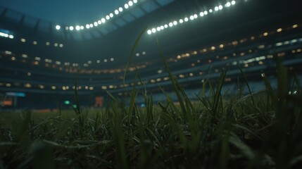 Lush grass illuminated at a vibrant sports stadium during an evening event