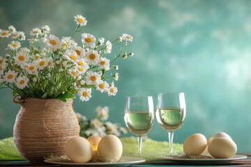 Easter eggs on white plates on green pastel background. Daisies.