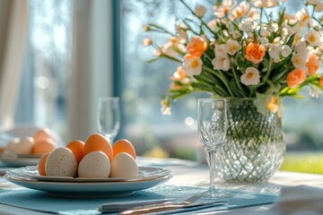 Vase with flowers and Easter eggs in pastel color. Decorated Easter table