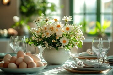Vase with flowers and Easter eggs in pastel colors. Decorated Easter table on window background