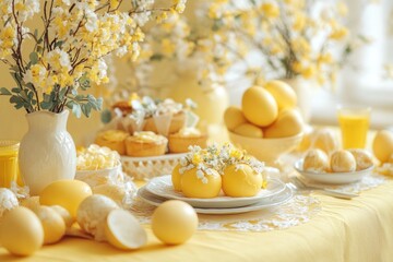 Easter decor in yellow tones. Easter eggs and yellow flowers on table