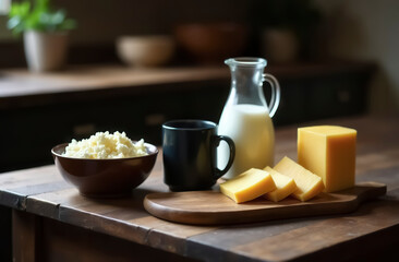 The antique wooden table is set with homemade farm dairy products such as cheese, cottage cheese and milk.