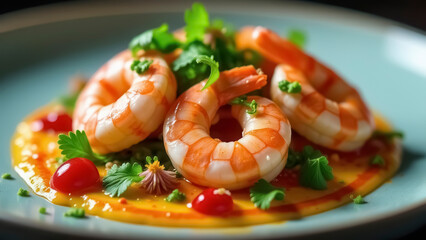 Close-up of a salad with shrimp, fresh herbs, edible flowers, and vibrant sauces, symbolizing gourmet cuisine and modern culinary art.