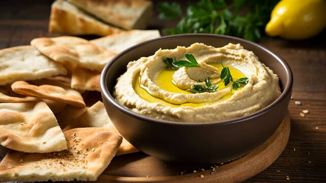 Hummus and flatbreads on the table. Selective focus. food.