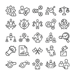 Collection of Thin Line Vector Icons Representing Business Management and Social Concepts