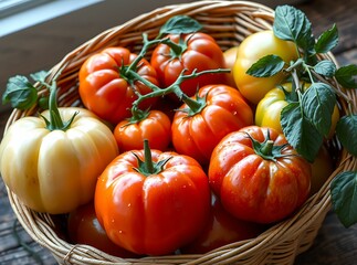 Basket of Ripe Tomatoes: A bountiful basket overflows with a vibrant assortment of ripe, juicy tomatoes. The perfect blend of freshness and natural beauty