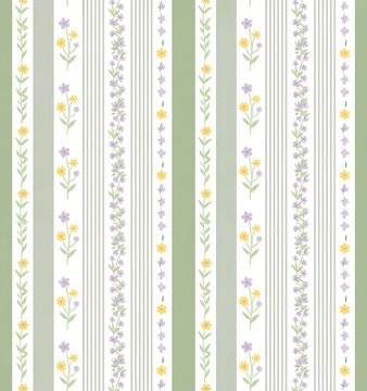 Seamless floral pattern with vertical stripes featuring watercolor style wildflowers in shades of purple yellow and green for spring themed designs