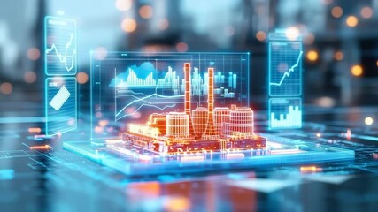 Futuristic digital factory data visualization for smart industry technology, innovation, and automation with advanced data analytics, glowing holographic interface, and modern artificial intelligence - Powered by Adobe