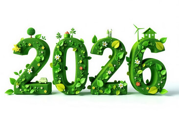 A three-dimensional green inscription "2026" made of green leaves and flowers