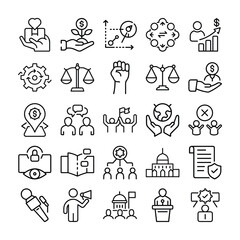 Fototapeta premium Collection of Black and White Line Icons Representing Business Politics and Social Concepts