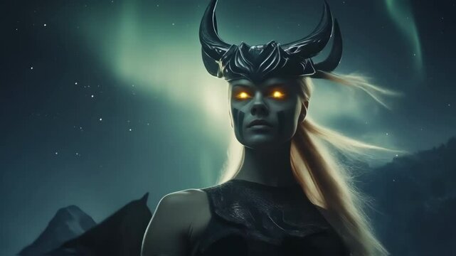 Powerful viking woman with glowing eyes and horned helmet stands proudly against a backdrop of mountains and aurora borealis, embodying strength and mythology