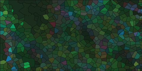 Abstract mosaic illustration featuring shades of green, blue, and brown, geometric pattern with black outlines, designed for backgrounds.