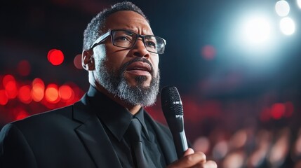A poised speaker captivates the audience under bright stage lights, conveying messages of inspiration and leadership in a dynamic performance setting.