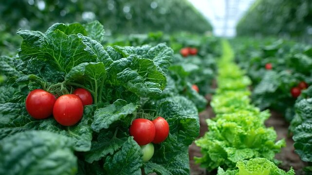 A vibrant scene of garden life in a greenhouse with red tomatoes, carrots, and leafy greens flourishing in parallel rows