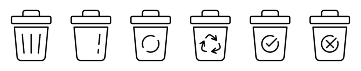 Conjunto de iconos de papelera. Eliminación, reciclaje y gestión de residuos. Basureros. Ilustración vectorial