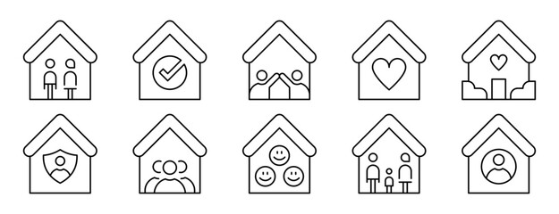 Conjunto de iconos de hogar. Unión, protección y bienestar. Casa con familia, pareja, aprobación, personas. Ilustración vectorial