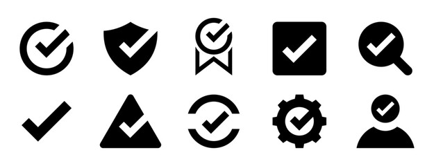 Conjunto de iconos de vistos de aprobación. Verificación, cumplimiento y confianza. Escudo, engranaje, lupa, lista, usuario. Ilustración vectorial