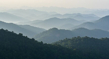 Fototapeta premium Telephoto Compression of Hazy Jungle Hills in Lampung, Professional Medium Format Capture