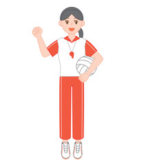 バレーボールを持った元気な女性体育教師のイラスト/Energetic Female PE Teacher Holding a Volleyball