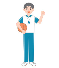 バスケットボールを持った元気な男性体育教師のイラスト/Energetic Male PE Teacher Holding a Basketball