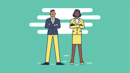 Illustration of a man and a woman in business attire standing with arms crossed on a green background