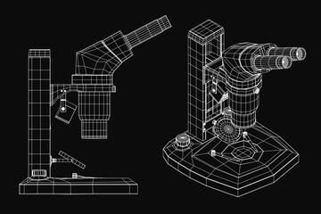 A detailed 3D model of a microscope on a black background, showcasing its intricate blueprint with labeled components and precise engineering. The design highlights lenses, focus knobs, and stage.