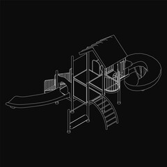 A black and white playground structure combines a slide, house, and stairs in a surreal composition. The dark background adds a mysterious yet inviting atmosphere, perfect for imaginative.