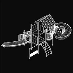 A 3D model of a colorful playground structure featuring a slide, climbing frame, and safety railings, isolated on a black background. The design is modern and child-friendly, with bright primary.