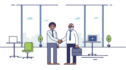 Two businessmen shaking hands in an office setting with large windows and city skyline in the background