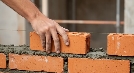 Bricklayer's Hand Placing Brick in Mortar, Construction Detail