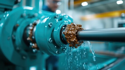 This image captures detailed industrial machinery with water cascading from a joint, emphasizing both function and maintenance in a factory environment.