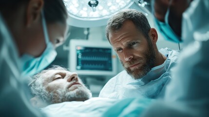 Surgeons and medical staff work with precision in a high-stakes surgical setting, showcasing the intense focus and teamwork required in modern medicine and healthcare.