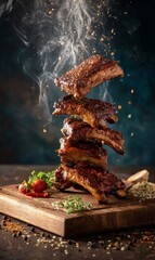 Delicious levitating grilled bbq ribs on rustic background