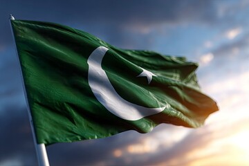 Waving Pakistan flag with white crescent and star against a blurred sky