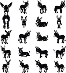Fototapeta premium Collection of cute donkey silhouettes in various poses