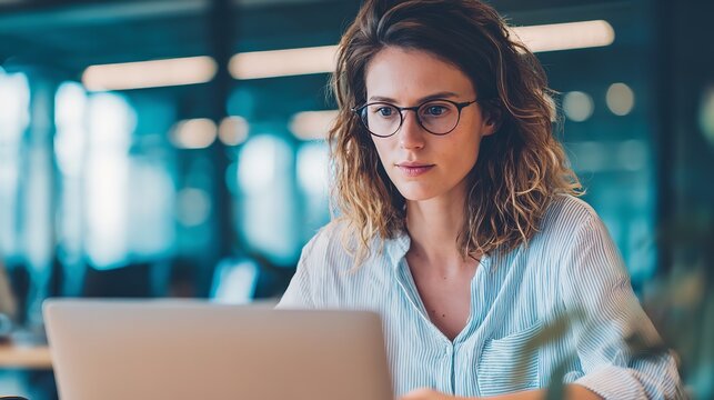 Woman working on laptop computer at office desk business professional online learning freelance job - Powered by Adobe