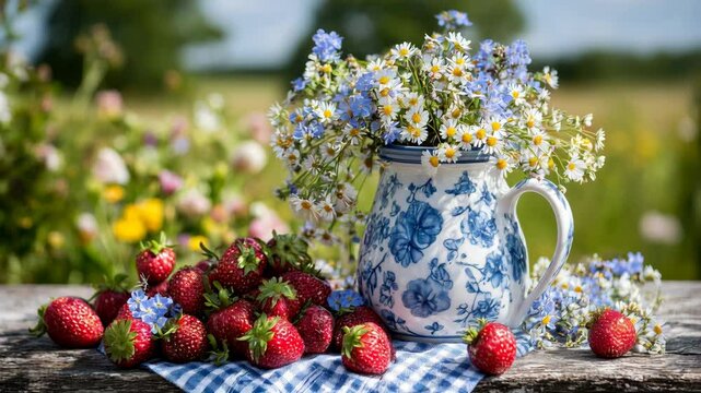 Charming Swedish midsummer setup with ceramic jug, meadow flowers, and fresh strawberries on a sunny day	