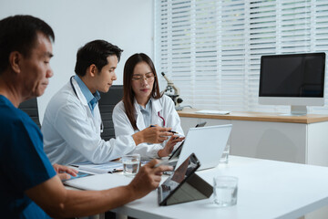 Medical, meeting and laptop for team in office in discussion, brainstorming and planning. Doctor, nurse and computer on desk, teamwork or workshop for data analytics.